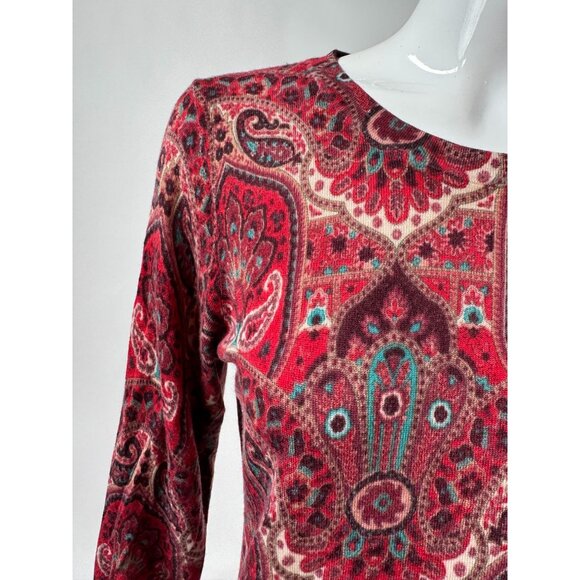 Talbots Womens L Red Multicolor Paisley Print Merino Wool Sweater Made In China - Picture 14 of 16